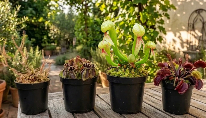 Vleesetende planten in pot op tafel in een zomerse tuin