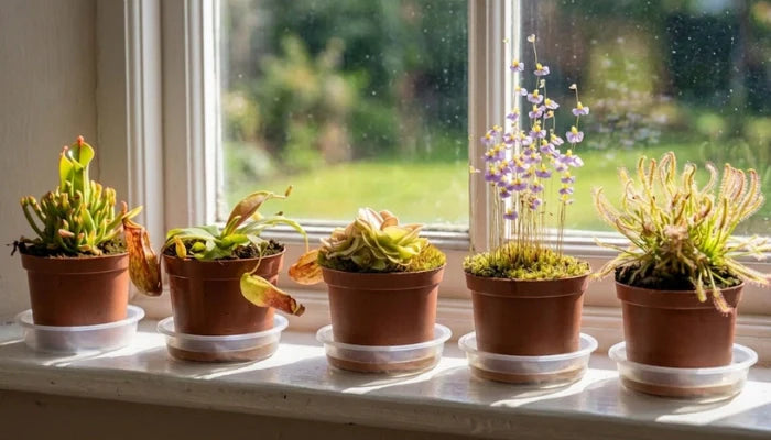 Vleesetende planten in huis op de vensterbank