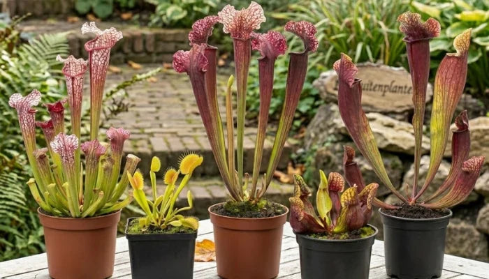 Vleesetende planten in pot buiten op tafel