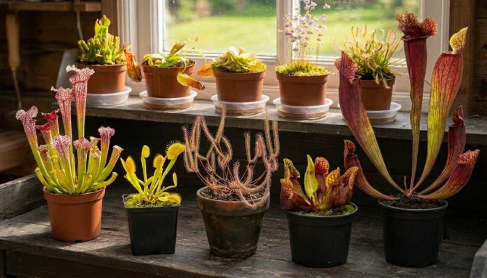 Vleesetende planten in pot op vensterbank